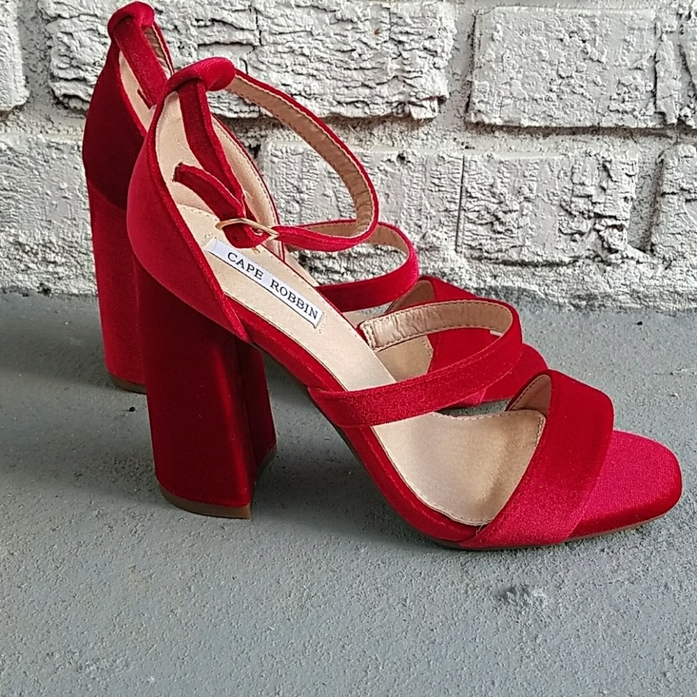 Velvet Red Strappy Block Heel